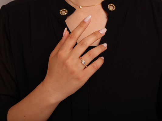 Beaded Marquise Diamond Ring in 14K Gold – Lab Grown Bezel Set Stone, Dainty Eye Ring with Textured Band, Minimalist Stacking Gift Jewellery