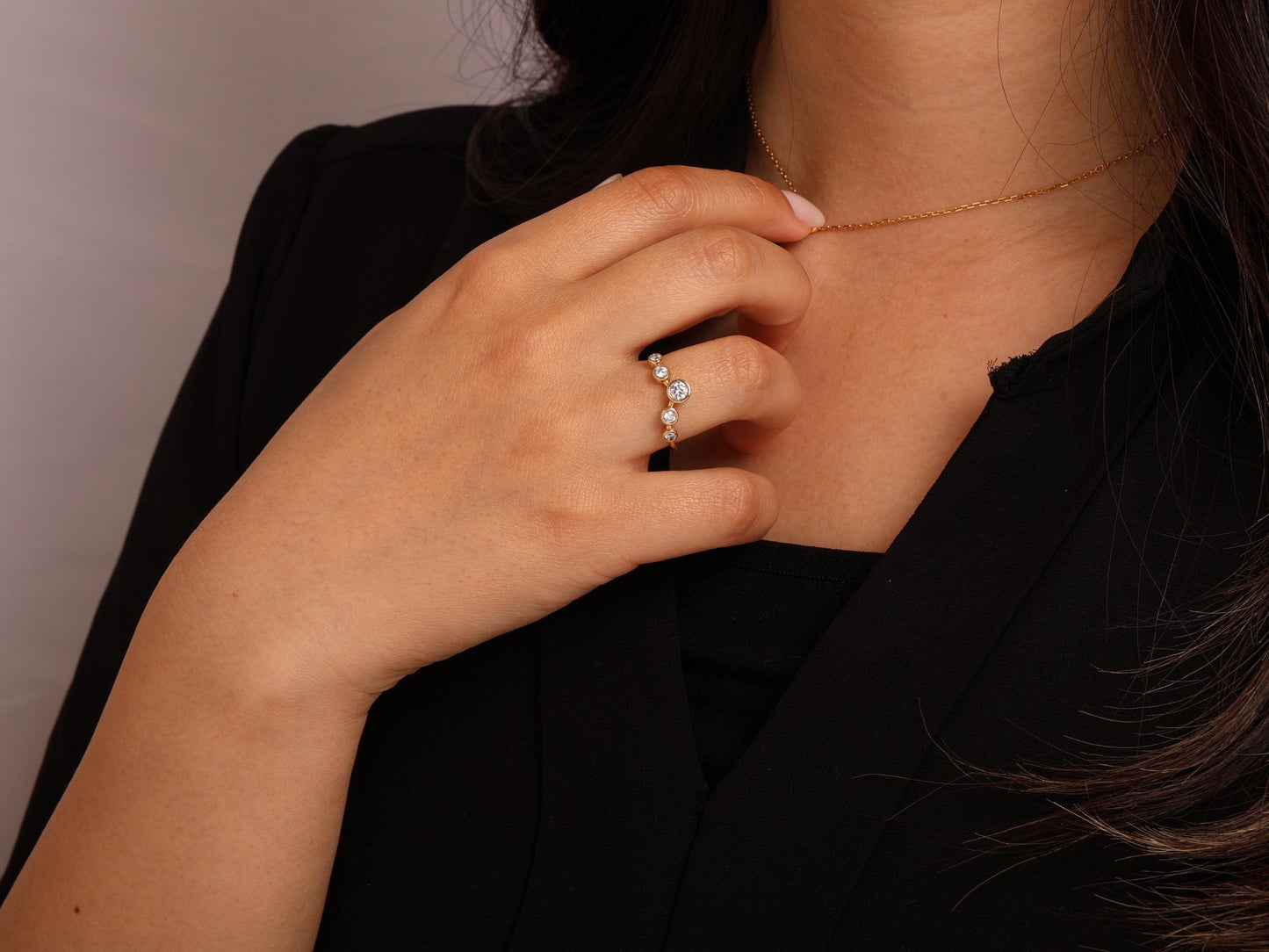 14K Gold Bezel Diamond Bubble Ring – Five-Stone Lab Diamond Band, Elegant Solid Gold Stacking Ring, Minimal Modern Jewelry, Gift for Her