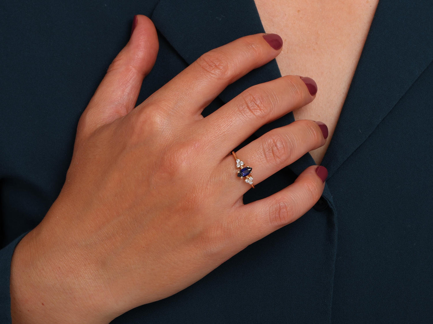 Dainty Marquise Sapphire Ring in 14K Gold – Diamond Cluster Ring for Promise Gift or Stacking – Also in Emerald, Ruby, Amethyst Gemstones