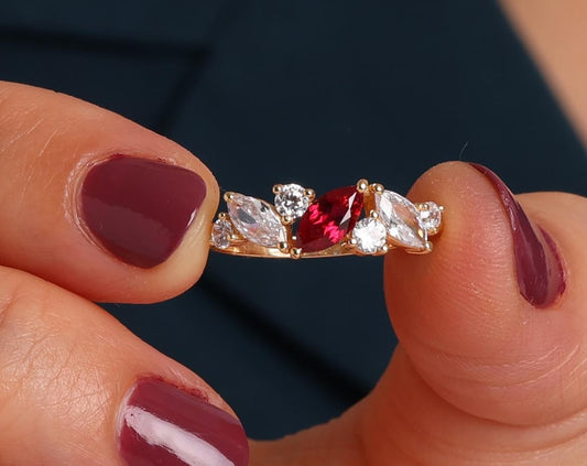 14K Gold Marquise Ruby Ring – Lab-Grown Gemstone with Diamond Accents